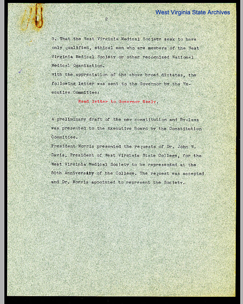 Executive Board Meeting minutes from February 2, 1941 meeting of the West Virginia Medical Society. The Society composed of Black Physicians, Dentists and Pharmacists was organized in 1905. (Ms83-4)