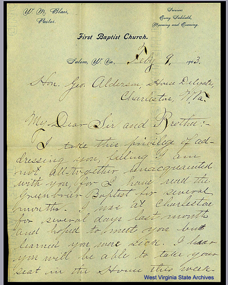 Letter from W. M. Blair urging Representative George Alderson to vote against the Salem town charter, February 9, 1903. (Ms83-23)