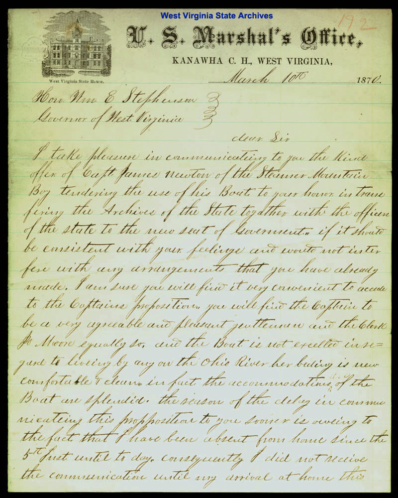 Letter from Hedgeman Slack offering the steamboat Mountain Boy to remove state officials with state records from Wheeling to Charleston, 1870. (Ar1724) 