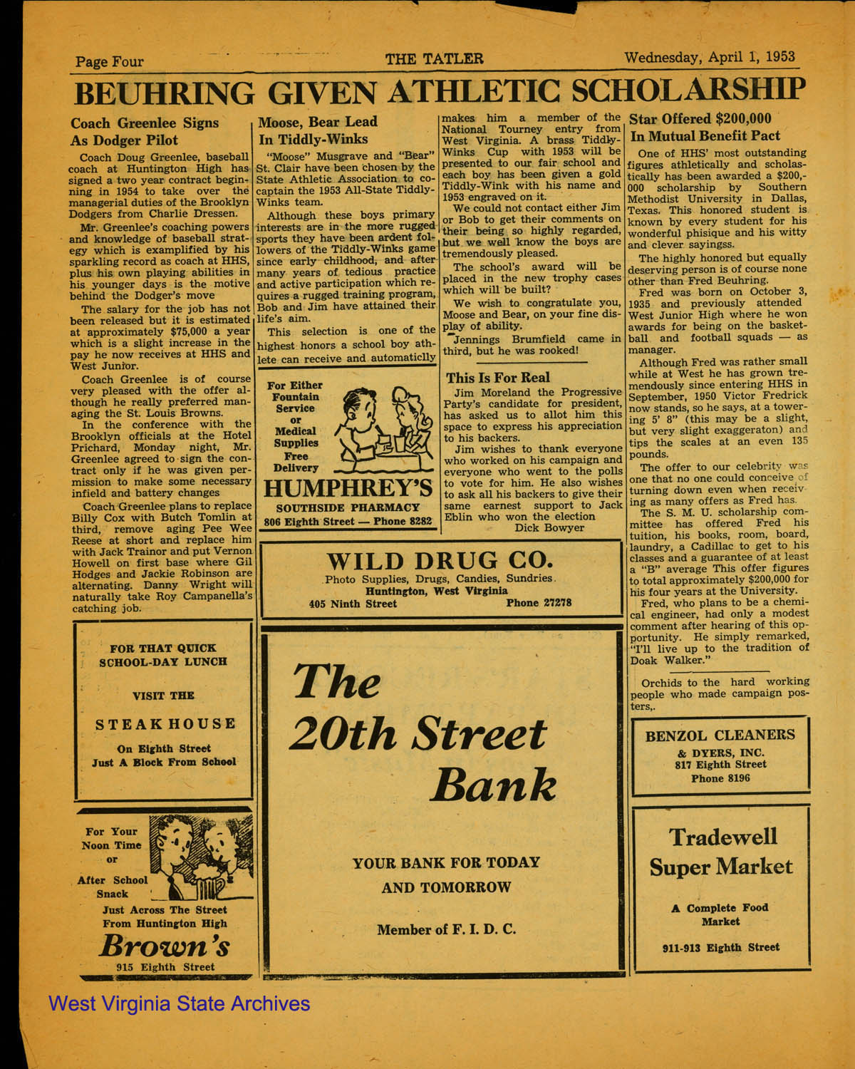 April Fools Day edition of <i>The Rattler</i> (<i>The Tattler</i>), Huntington High School Newspaper, 1953. (Ms2007-001)