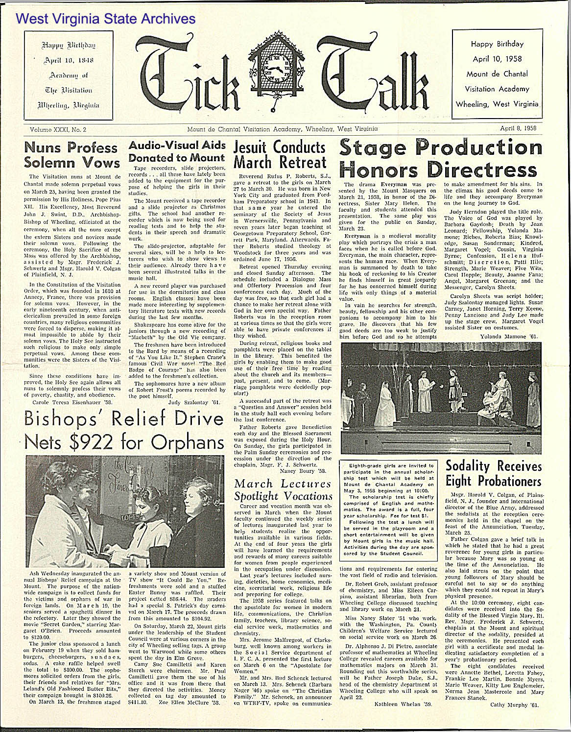 Mount de Chantal Visitation Academy school newspaper, <i>Tick Talk</i>, 1958. (2009-150)