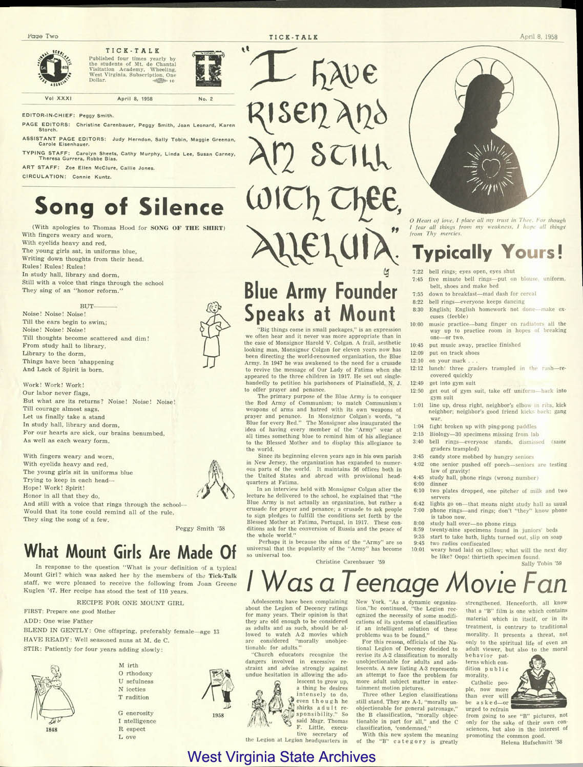 Mount de Chantal Visitation Academy school newspaper, <i>Tick Talk</i>, 1958. (2009-150)