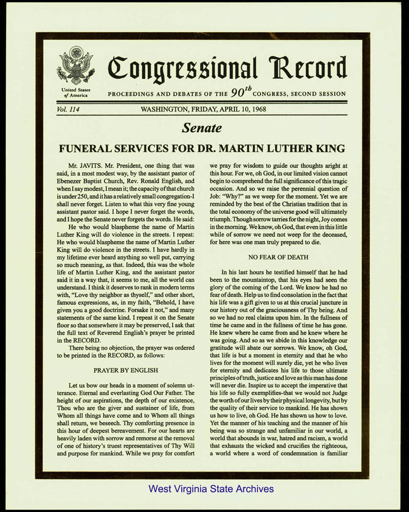 Text of the prayer delivered by Rev. Ronald English at the funeral of Martin Luther King Jr., 1968 as entered into the Congressional Record. (Sc2013-005)