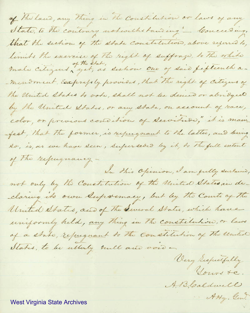 Attorney General Aquilla B. Caldwells opinion on the rights of African Americans to vote in keeping with the Fifteenth Amendment, 1870. (Ar1724)