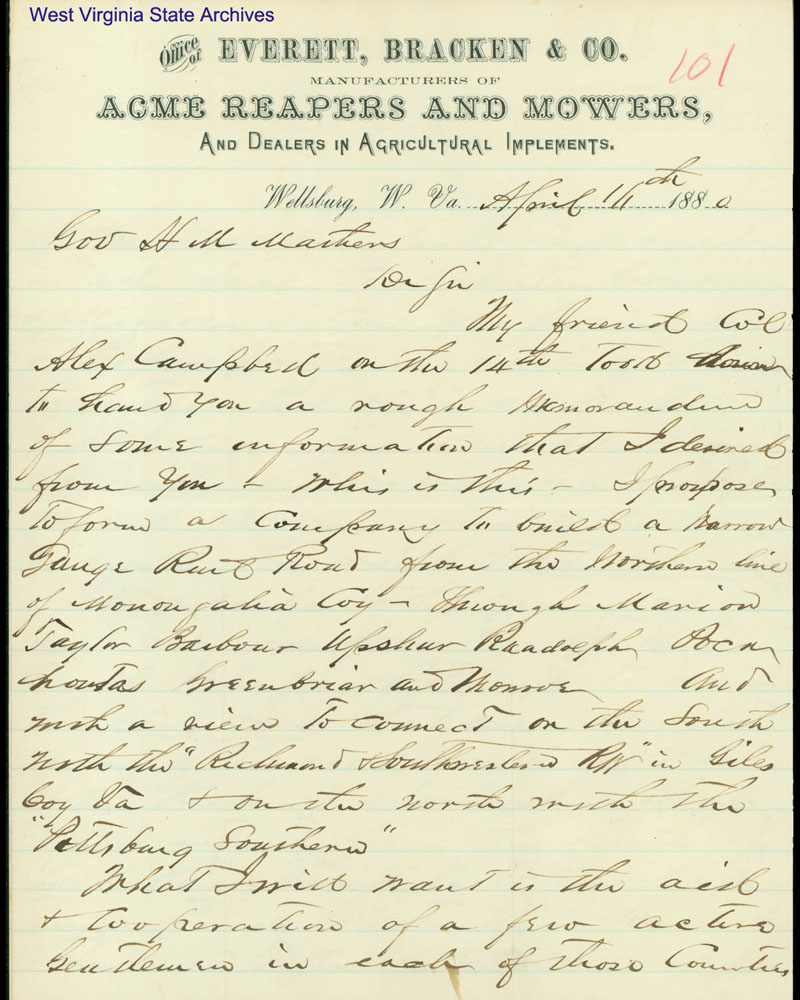 Everett, Bracken & Company requesting information from Governor Henry M. Mathews in order to open a narrow-gauge railroad through the state, 1880. (Ar1726)