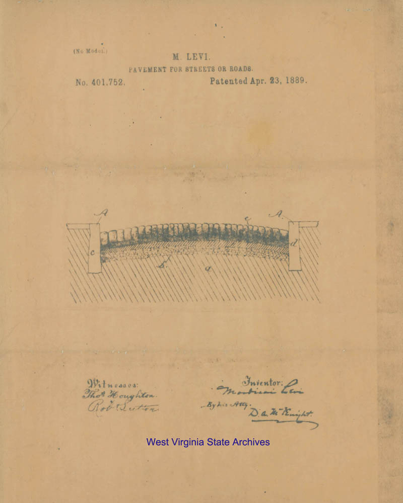 Patent for pavement of streets or roads awarded to Mordicai Levi, who is credited with paving the streets in Charleston, 1889. (Ms80-214)