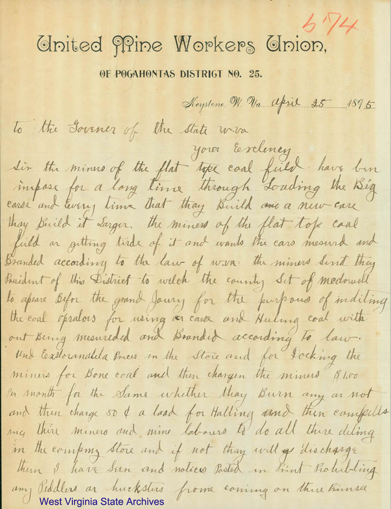 United Mine Workers Union, District No. 25, letter of miners complaints in the Flat Top field to Governor William MacCorkle, 1895. (Ar1730)