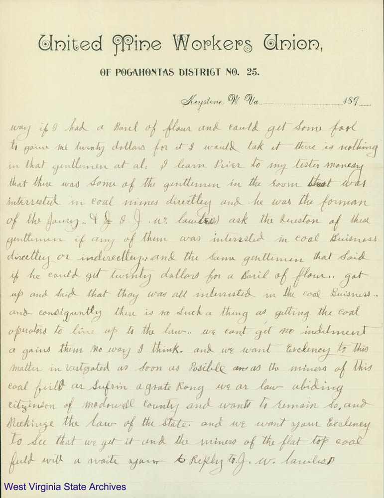 United Mine Workers Union, District No. 25, letter of miners complaints in the Flat Top field to Governor William MacCorkle, 1895. (Ar1730)