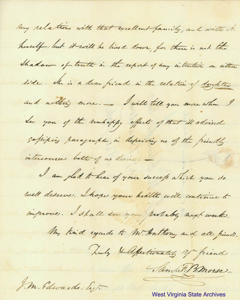 Samuel F. Morse letter to William Henry Edwards regarding invention of telegraph and the desire to communicate across the Atlantic with it, 1845. (Ms79-2)