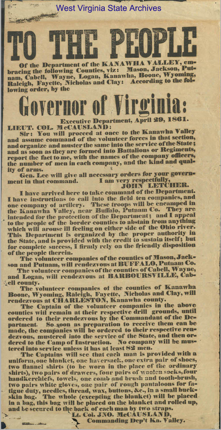 Broadside, To The People of the Department of the Kanawha Valley, John McCausland, 1861. (Sc85-75)