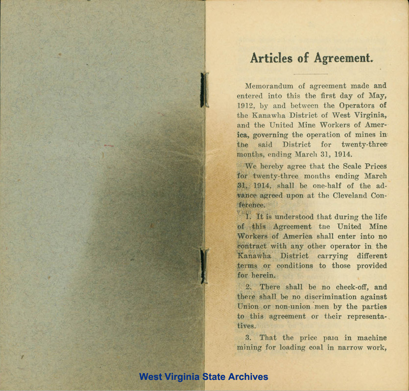 Agreement, Kanawha Coal Operators and UMW, 1912-1914. (Ms97-24)