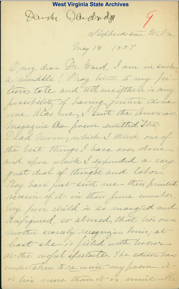 Correspondence from Danske Dandridge to Dr. Ward regarding editor of <i>American Magazine</i> has re-written her poem and ruined it, 1887. (Ms80-133)