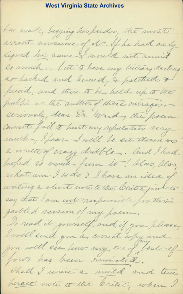 Correspondence from Danske Dandridge to Dr. Ward regarding editor of <i>American Magazine</i> has re-written her poem and ruined it, 1887. (Ms80-133)