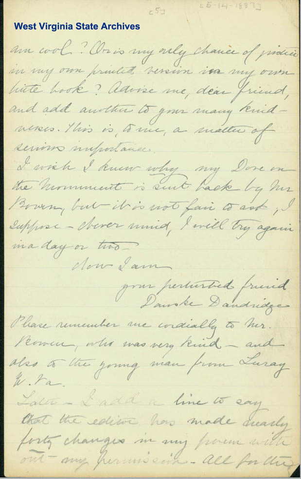 Correspondence from Danske Dandridge to Dr. Ward regarding editor of <i>American Magazine</i> has re-written her poem and ruined it, 1887. (Ms80-133)