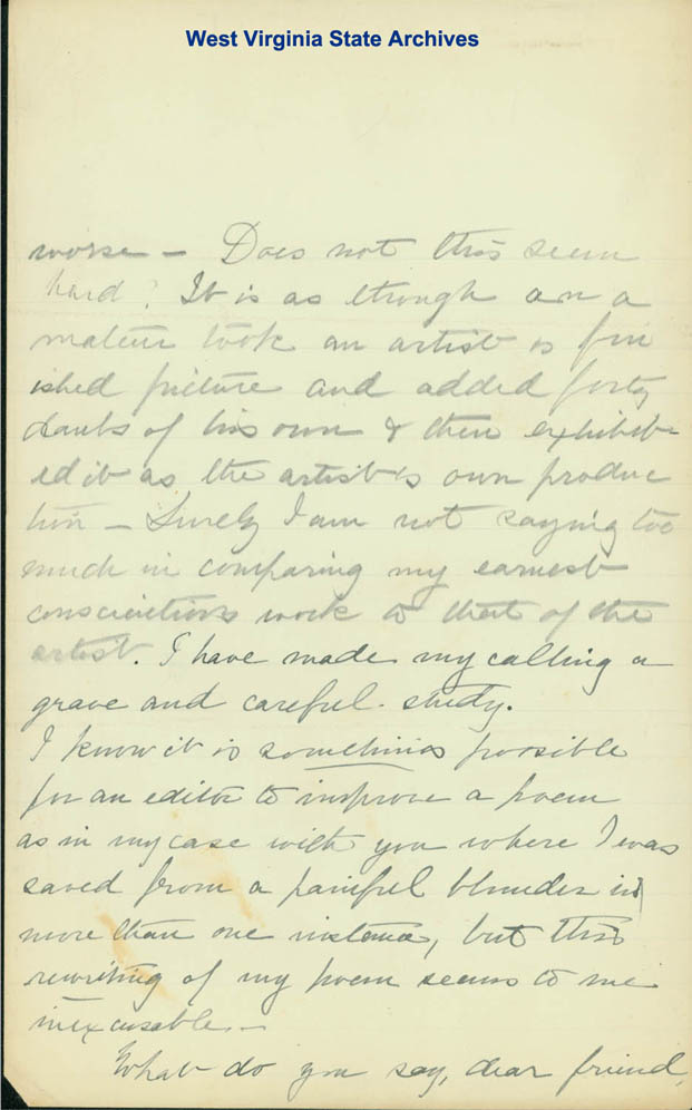 Correspondence from Danske Dandridge to Dr. Ward regarding editor of <i>American Magazine</i> has re-written her poem and ruined it, 1887. (Ms80-133)