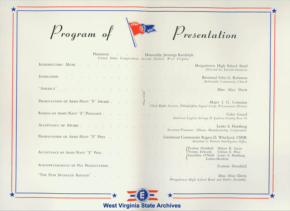 Program for Presentation Ceremonies, Army-Navy Production E Award to the men and women of the Silman Manufacturing Corporation, Arthurdale, 1945. (Ms2017-16)