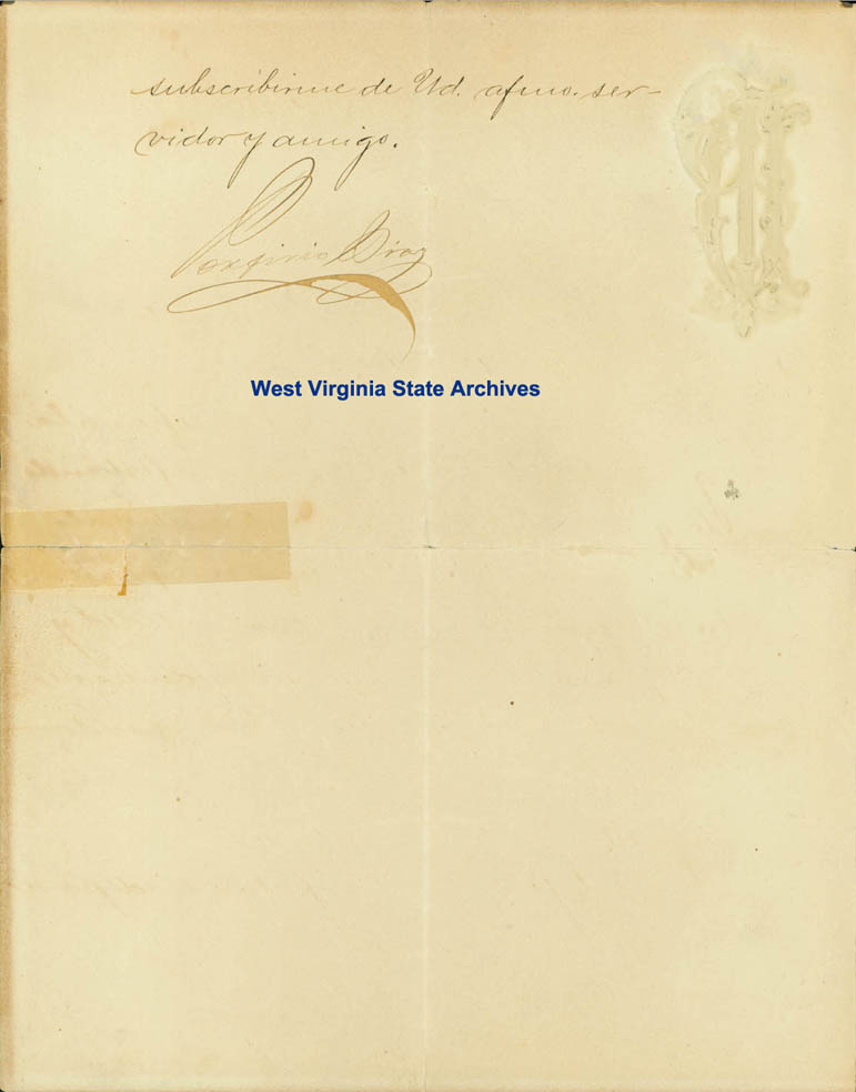 Letter, Jose de la Cruz Porfirio Diaz, President of Mexico, to S.B. Elkins, Washington, 1896. (Ms80-160)