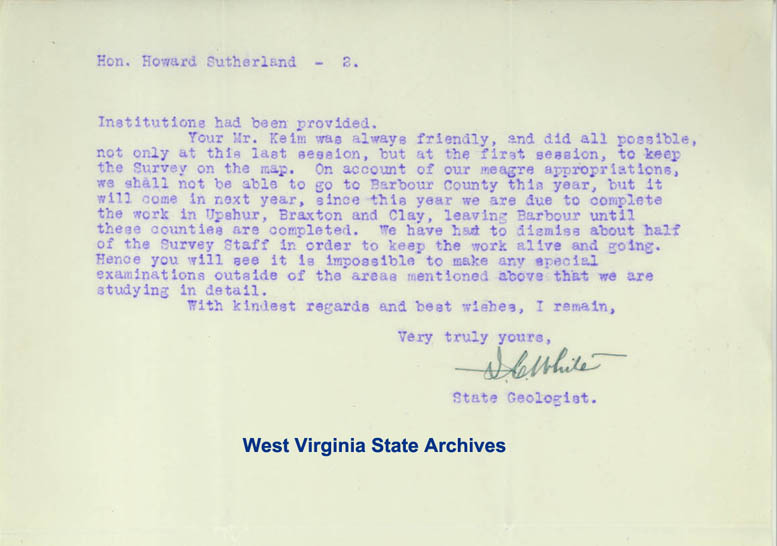 I. C. White, State Geologist, letter regarding geological survey funds, 1915. (Ms83-2)