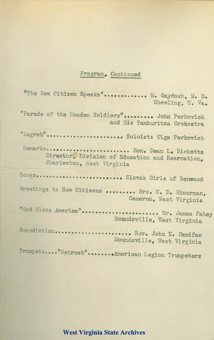 Program from Marshall Countys First Annual Observance of New Citizens Day, at the Community Playgrounds, Moundsville, 1939 (Ms2017-016)