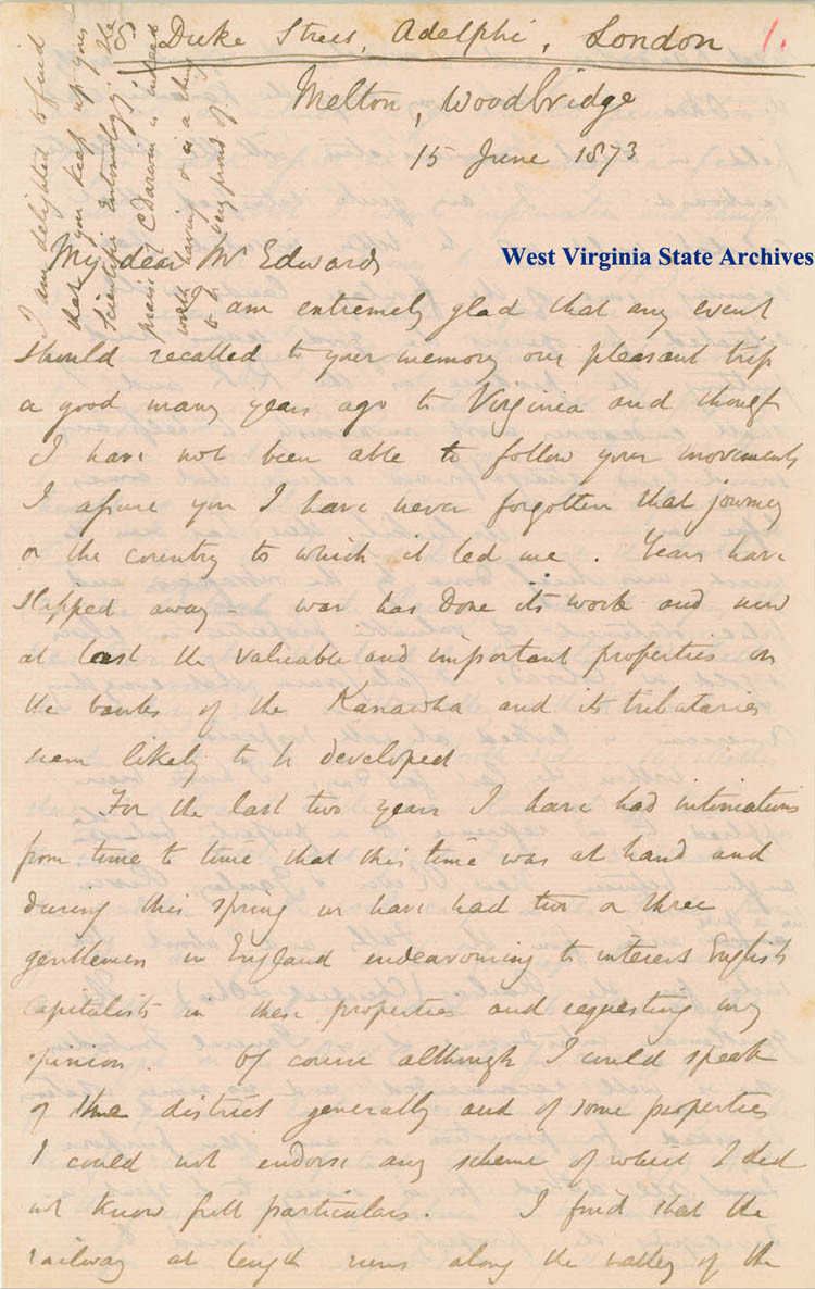 Letter to William H. Edwards from David T. Ansted regarding investments in coal lands along the Great Kanawha, 1873 (Ms79-2, 7)