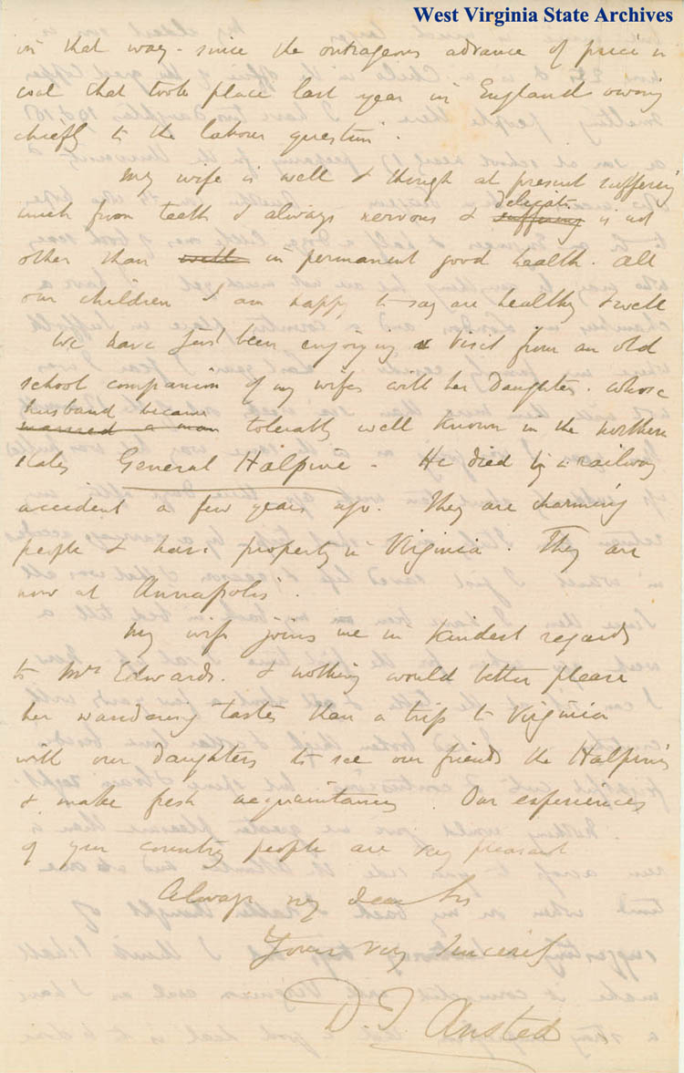 Letter to William H. Edwards from David T. Ansted regarding investments in coal lands along the Great Kanawha, 1873 (Ms79-2, 7)