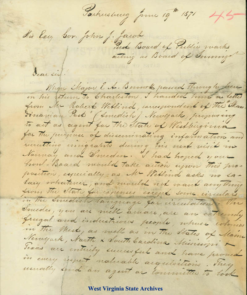 Letter from Joseph Hubert Diss Debar to Gov. John Jeremiah Jacob about immigrants from Norway and Sweden, 1871 (Ar1725, 045)