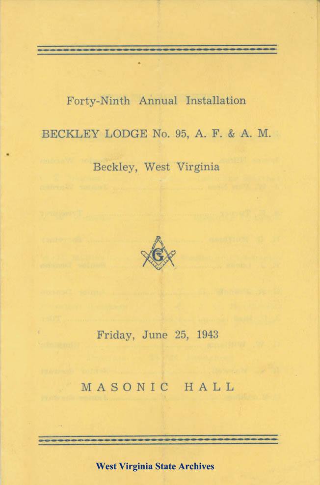 Program from the 49th Annual Installation at the Beckley Lodge No. 95, A. F. & A. M., Masonic Hall, 1943 (Ms2008-091, B2)