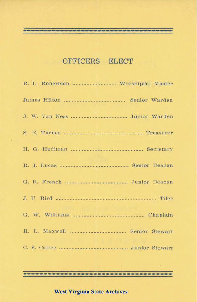 Program from the 49th Annual Installation at the Beckley Lodge No. 95, A. F. & A. M., Masonic Hall, 1943 (Ms2008-091, B2)