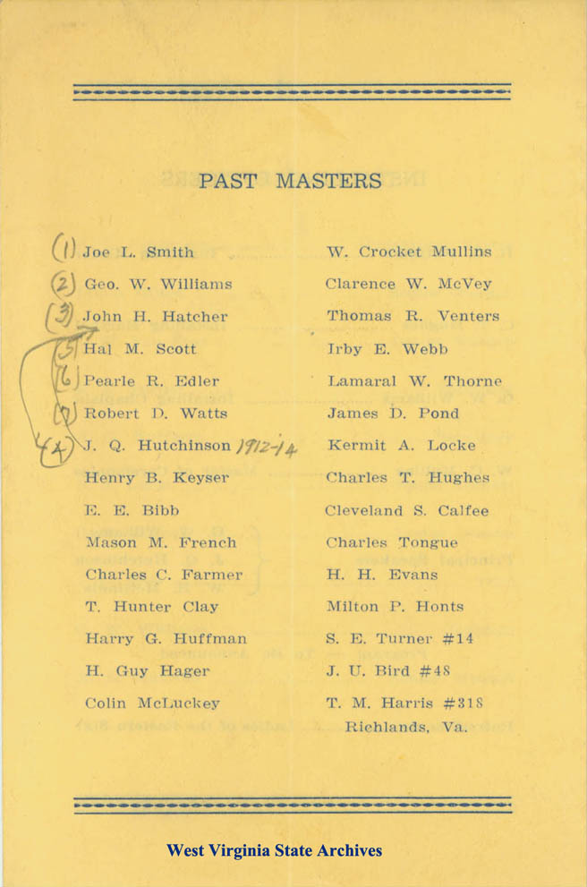 Program from the 49th Annual Installation at the Beckley Lodge No. 95, A. F. & A. M., Masonic Hall, 1943 (Ms2008-091, B2)