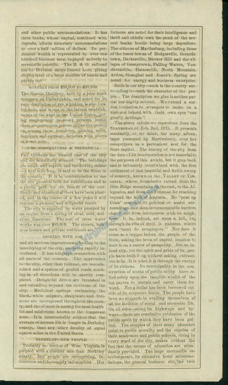 Booklet extolling the benefits of selecting Martinsburg as the capital of West Virginia, 1877. (Sc82-226)