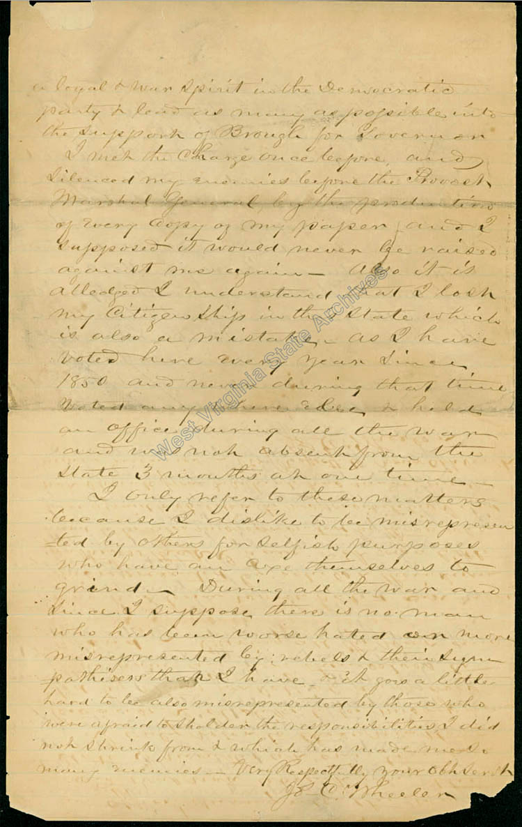 Joseph C. Wheelers letter to Governor Arthur I. Boreman regarding Union men being scared away from their homes by Rebels in Grant Township, Wayne County, 1868. (Ar1723)