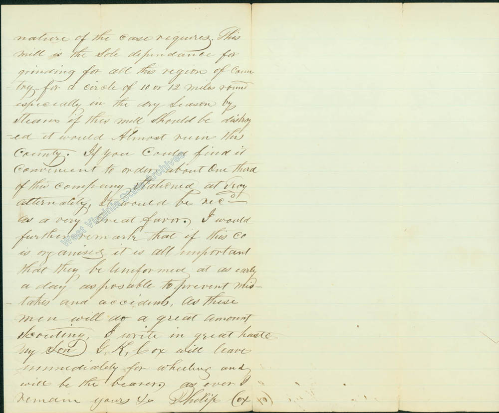 Letter from Philip Cox to Governor Arthur I. Boreman requesting commission of the elected officers of a volunteer militia in Gilmer County, including a list of proposed officers and privates, 1862. (Ar373)