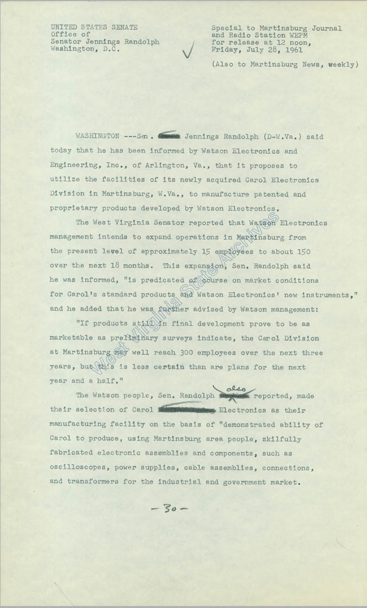 Press Release from Senator Jennings Randolphs office announcing Watson Electronics Division expanding operations in Martinsburg, 1961 (Ms2017-016)