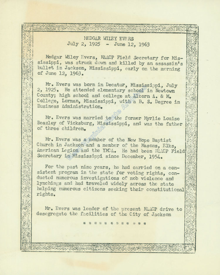 Program from a memorial service for civil rights activist Medgar Wiley Evers, Scott Street Baptist Church, Bluefield, 1963. (Ms2009-009)