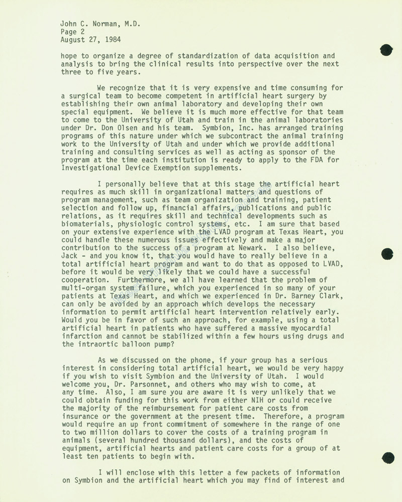 Letter from Robert Jarvik, inventor of the Jarvik-7 artificial heart, to Dr. John C. Norman, 1984. (Ms2014-074)