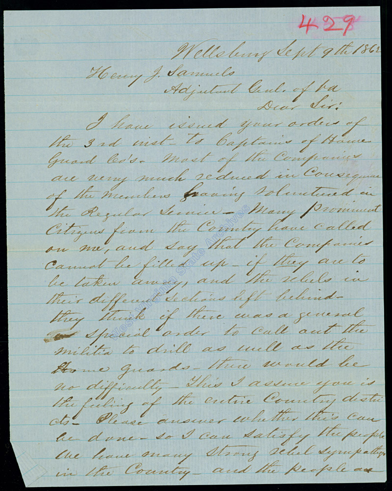 Colonel J. D. Nicholls, 103rd Regiment Virginia Militia, writing to Henry J. Samuels to request a special order to call out the Militia to drill as well as Home Guard and to inform him of trouble in filling companies with volunteers going in U. S. Service and strong secessionist group, 1862. (Ar1722)