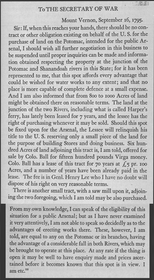 Letter, President George Washington to Secretary of War Timothy Pickering proposing that the federal government establish an armory and arsenal at Harpers Ferry, 1795. (B W27 Coll)