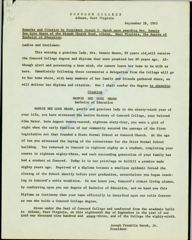 Concord University Convocation, 1963. During the ceremony an honorary degree was conferred upon Nannie Bee Gore Hearn, class of 1883. (Xco 1.9:C65)