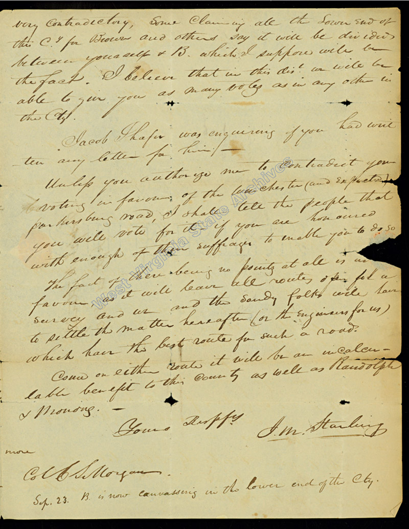 Joseph M. Starling letter to Charles S. Morgan concerning a bill to build a turnpike road from Winchester to a point along the Ohio River, 1830. (Ms79-1)