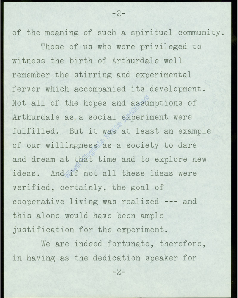 Remarks made by Senator Jennings Randolph introducing Eleanor Roosevelt at the dedication of the Arthurdale Community Presbyterian Church, 1960. (Ms2017-016)