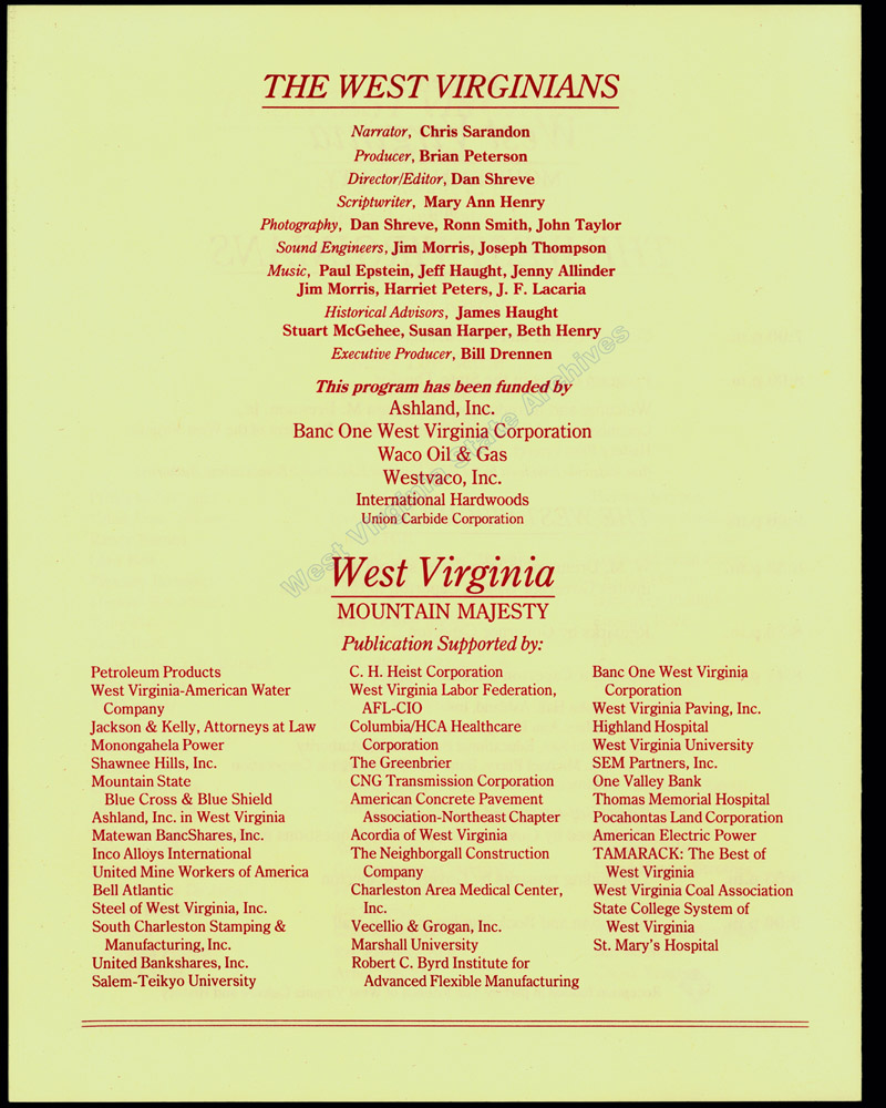 Pamphlet, Caperton presents <i>The West Virginians</i>, a half hour film focused on nine West Virginians and their contributions to the history of the state, 1996. (Cul 1. 9/10: W4)