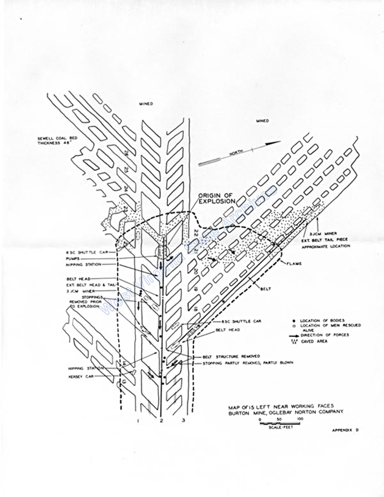 Map of the Oglebay-Norton mine disaster, where a gas explosion killed fourteen miners instantly, 1958.