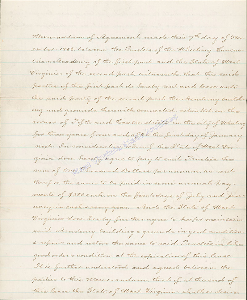 Linsly School contract with State for use of Academy building and grounds therewith connected as the first state capitol building, 1863. (Ar1748)