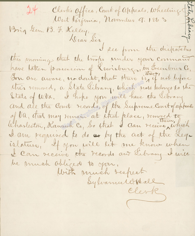 Sylvanus W. Hall letter to Brig. Gen. Benjamin F. Kelley requesting removal of Lewisburg Court records to Charleston, 1863. (Ms80-265)