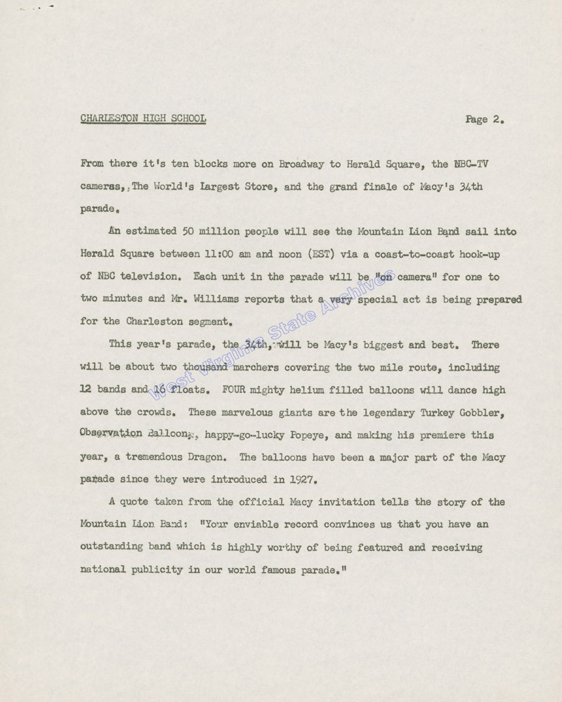 News release regarding Charleston High Band participation in the Macys 34th Annual Thanksgiving Day Parade, 1960. (Ms2009-138)