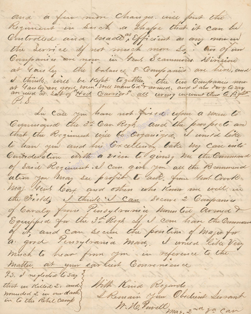 Major (later General) William Powell letter telling of a cavalry dash and subsequent capture of Confederate troops, 1862. (Ar1722)