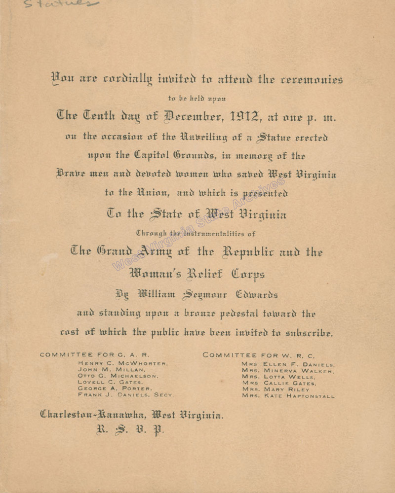 Invitation to the dedication of Montani Semper Liberi statue on capitol grounds, 1912. (Sc2013-013)