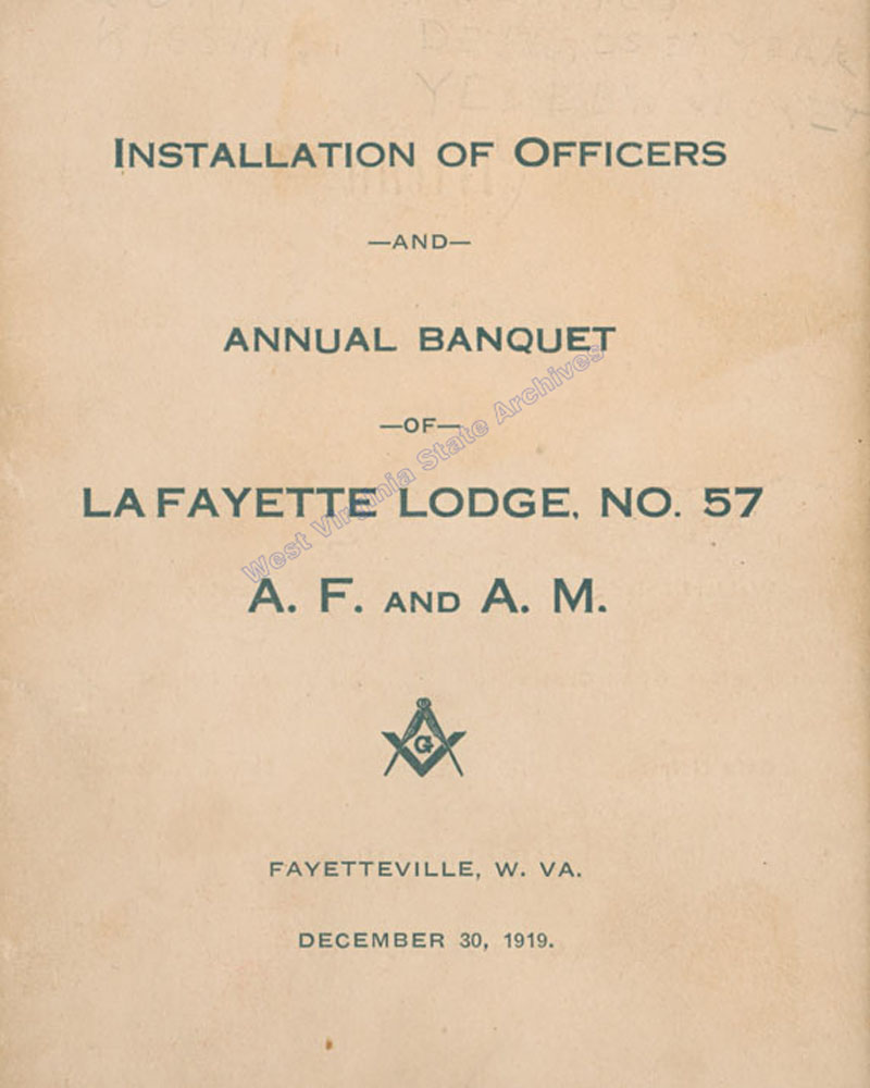 Program, Annual Banquet, Lafayette Lodge N.O. 57, AF&AM (Ancient Free and Accepted Masons), Fayetteville, WV, 1919. (Ms2018-005)