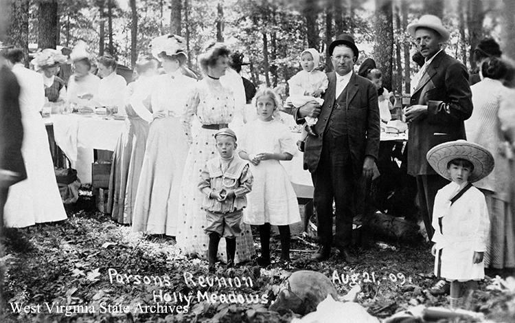 Parsons reunion, Holly Meadows, Tucker, August 21, 1909, G. H. Broadwater photographer. John Blackburn Collection, West Virginia State Archives (142413)