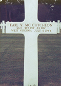 Grave marker for Sgt. Earl V. McCutcheon in Normandy American Cemetery. Find A Grave photo courtesy of Russell E. Bennett Jr.